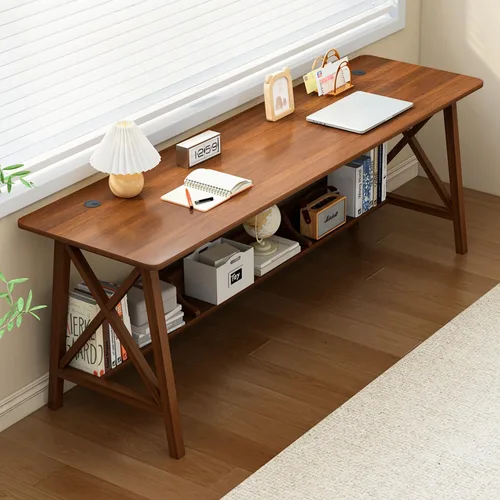 Vista 11 de NELYE Escritorio Extra Largo con Estantería - Mesa de Trabajo de Estudio de Oficina en Casa de Madera, Estación de Trabajo de Computadora de Roble