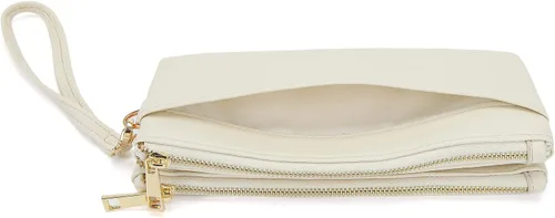 Vista 3 de Earnda Cartera fina con llavero y pulsera para mujer, organizador de tarjetas de crédito, bolso grande de viaje para mujer, Blanco, Classic
