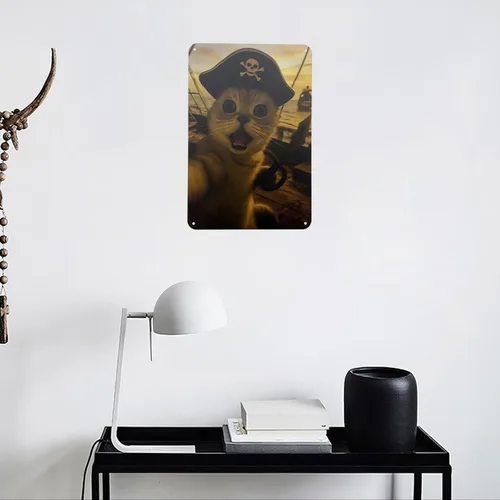 Vista 7 de Ydeaom - Divertido arte de pared de metal con diseño de gato, letrero de hojalata vintage con marco retro, póster de animales caprichosos para bar