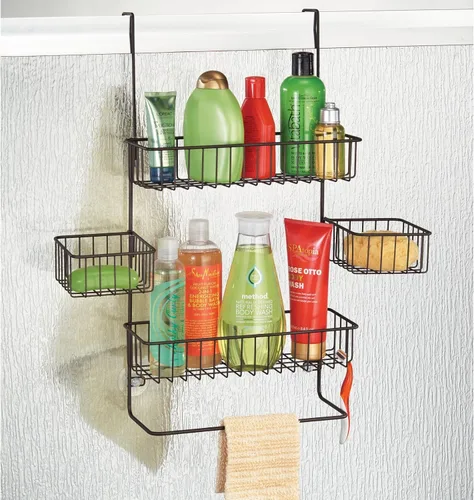 Vista 3 de mDesign Organizador de ducha de acero para colgar sobre la puerta, organizador de ducha colgante con 4 canastas, 2 ganchos, organizador colgante