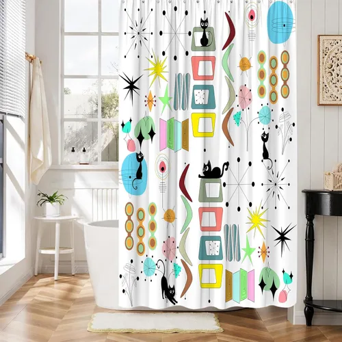 Vista 7 de Mid Century Modern Shower Curtain Black Cat Retro Atomic Sputnik Boomerangs Abstract Geometric Iconic 50s 60s Vintage Aesthetics Art Polyester