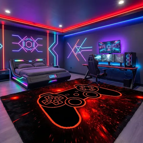 Vista 24 de Alfombra de suelo con estampado de videojuegos 3D para niños, alfombra pequeña roja para dormitorio, tapete de piso para habitación de niños