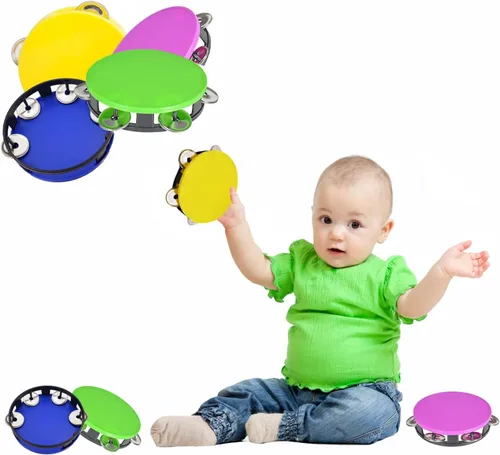 Vista 5 de The Dreidel Company - Panderetas de 3 unidades para niños, pandereta de 5.5 pulgadas de colores surtidos, anillo de metal Jingles de percusión