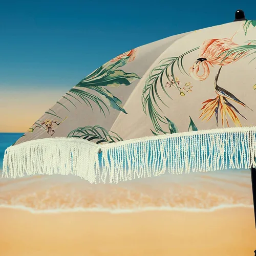 Vista 8 de Sombrilla de playa para arena, resistente al viento, con bolsa de anclaje de arena, portátil, flecos, bolsa de mezclilla, cuenta con parte inferior