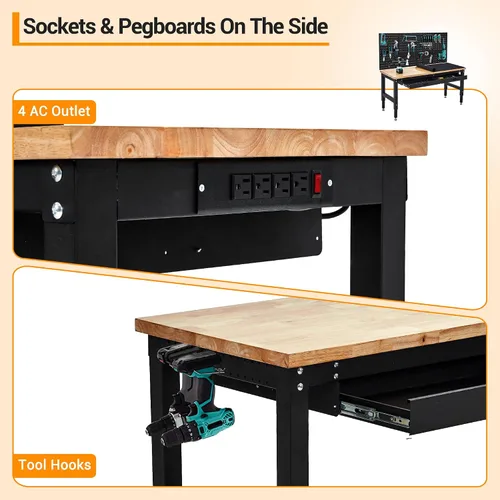 Vista 8 de Mesa de trabajo ajustable de 60 pulgadas, banco de trabajo de madera de goma de 3000 libras, mesa de trabajo resistente con 2 cajones y tablero