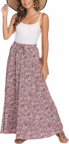 Vista 4 de Bluetime - Faldas largas fluidas para mujer, de verano y playa, plisadas, elásticas, de cintura alta, casuales, maxi
