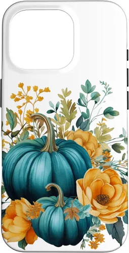 Vista 20 de iPhone 16 Teal Autumn Pumpkin Floral Fall Harvest Foliage Case