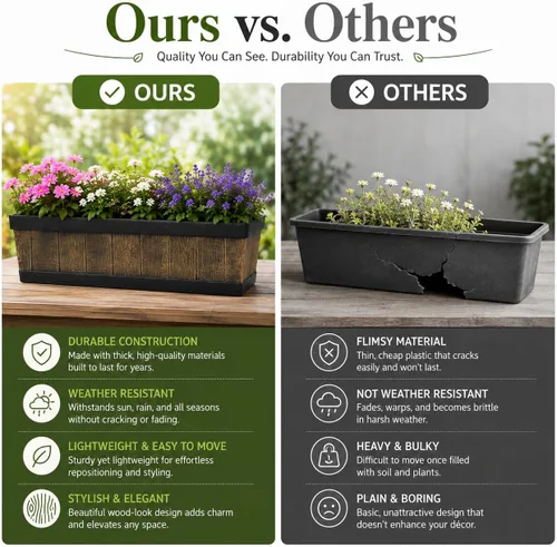 Vista 4 de Gardenised QI004121.L - Maceta rectangular de plástico para exteriores e interiores, maceta para plantar verduras o flores, marrón grande