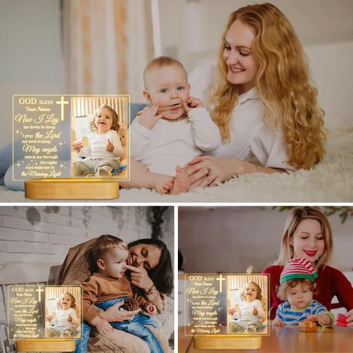 Vista 5 de Attivolife Marco de fotos personalizado de bautismo, marco de fotos iluminado con luz nocturna personalizada para bebé, regalos cristianos