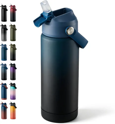 Vista 11 de Fijinhom Botella de agua aislada de 18 onzas con 2 tapas, botellas de agua de acero inoxidable, aspiradora de doble pared, mango portátil y parte