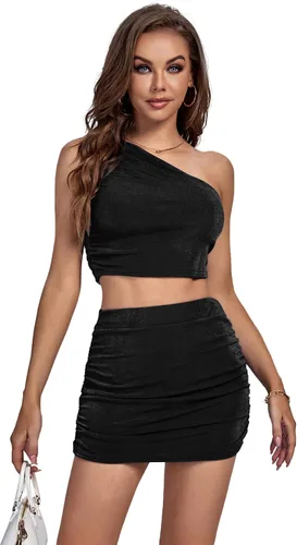 Vista 5 de LYANER Conjunto de 2 piezas para mujer, top corto de un hombro y minifalda