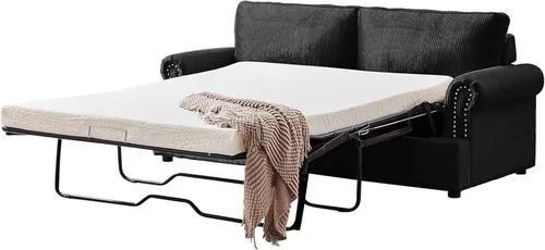 Vista 4 de Sofá cama reversible con cómodo colchón de espuma viscoelástica, sofá extraíble de pana convertible de tamaño matrimonial para sala de estar, Negro