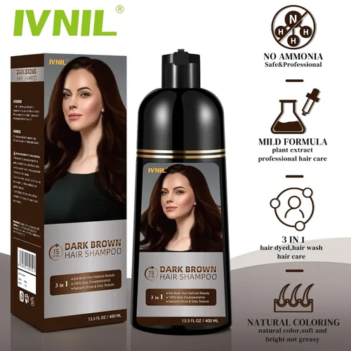 Vista 3 de Ivnil - Champú de tinte para cabello castaño oscuro para cobertura de cabello gris, champú permanente 3 en 1 para canas, Champu con tinte