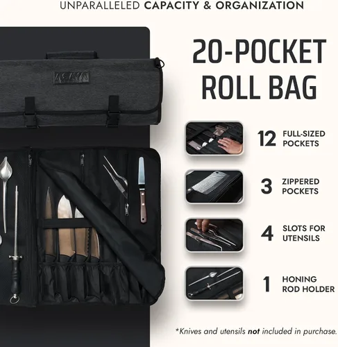 Vista 2 de Asaya Bolsa enrollable para cuchillos de chef, 20 bolsillos en total para cuchillos y utensilios de cocina, fabricada con nailon encerado resistente