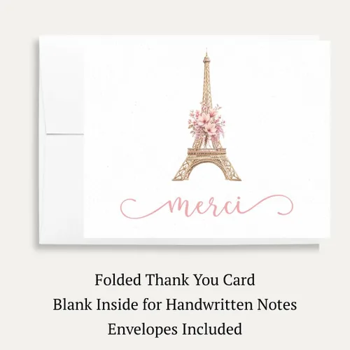 Vista 2 de Merci Thank You Cards - Notas de la Torre Eiffel, notas temáticas francesas con sobres (24 unidades)
