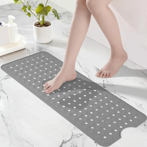Vista 11 de Tapete de silicona antideslizante para bañera de 36 x 16 pulgadas, con orificios de drenaje y ventosas, tapetes mejorados para bañera y ducha, Negro