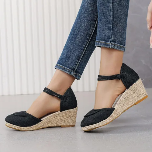 Vista 2 de Womenyiaor Sandalias de cuña con punta cerrada para mujer, alpargatas, negras, 8.5