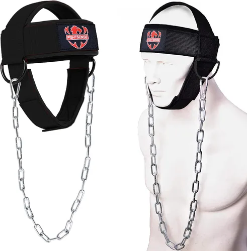 Vista 7 de FIGHTSENSE Arnés para el cuello con correa acolchada ajustable con cadena de acero, arnés de cabeza de levantamiento de pesas para ejercicio