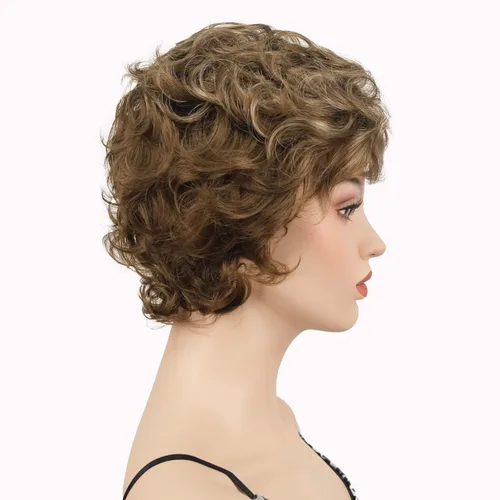 Vista 4 de Lydell Pelucas cortas y onduladas de 6 pulgadas, cabello sintético completo, estilo clásico (12TT26 marrón claro con reflejos)
