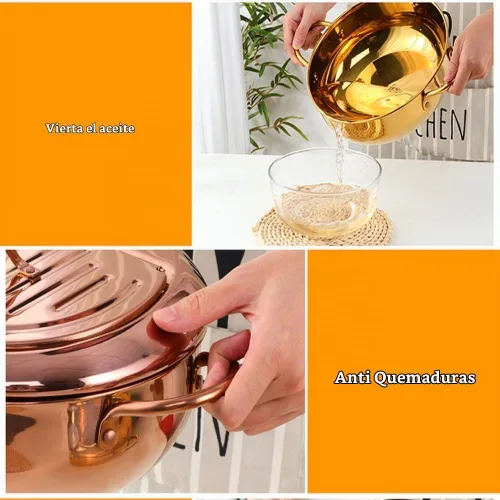 Vista 3 de Olla de acero inoxidable 304, olla tempura de 3.2L/2.8 cuartos de galón con tapa de termómetro y escurridor de aceite, olla japonesa para cocina