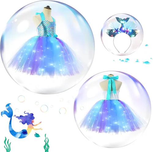 Vista 4 de Girls Mermaid Tutu Dress for Birthday Party, LED Light Up Halloween Mermaid Outfit Dress Up Dress with Headband
