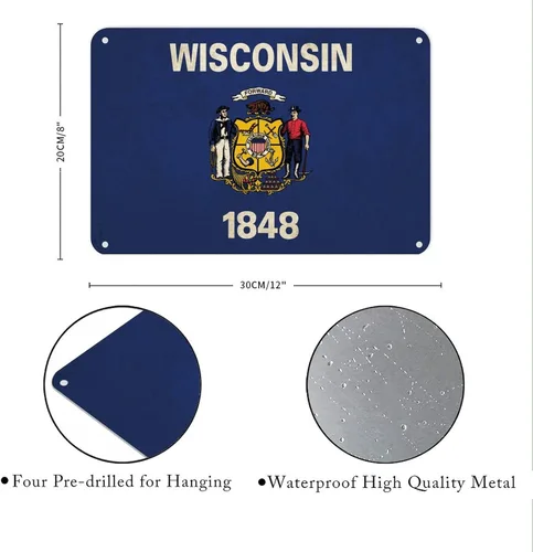 Vista 5 de Letrero de metal de Wisconsin, bandera del estado de Wisconsin, letrero de metal para hogar, estado, país, ciudad, recuerdo, arte de pared, póster