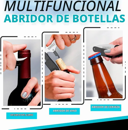 Vista 4 de Vinvoli Sacacorchos profesional para camareros - Abridor de botellas multifuncional 3 en 1 con tornillo de corcho, llave de vino con cortador