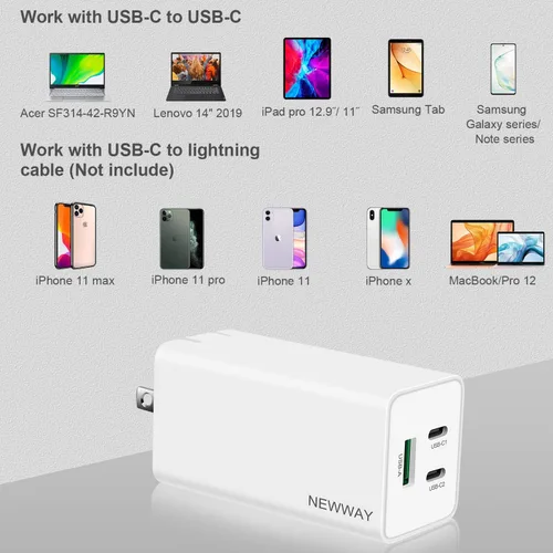 Vista 5 de NewWay Cargador rápido USB-C de 65 W de 3 puertos PD QC 3.0 de entrega plegable, cargador de pared USB-C para MacBook, iPad, iPhone Series con 15 16