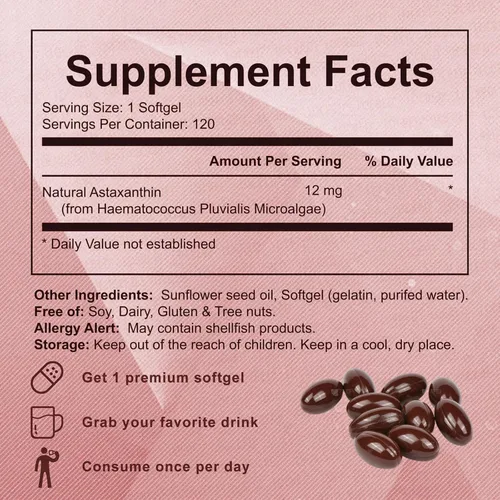 Vista 6 de Astaxantina de 12 mg, antioxidante natural, apoya el sistema inmunológico, microalgas frescas para la piel ojo y la salud de la circulación interna