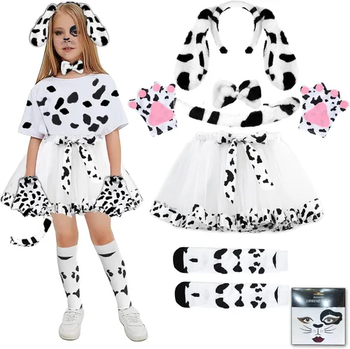Vista 8 de Pikpops 7Pcs Girls Dalmatian Costume Set with Tutu Skirt, 100th Day of School Costume 101 Dalmatian Dog Dress Up Outfits Kids
