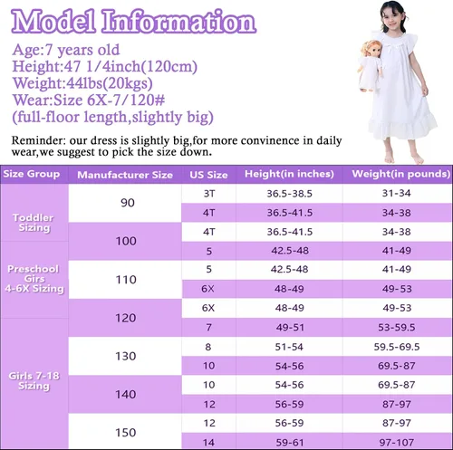 Vista 5 de Camisones para niñas, vestido de princesa de algodón, camisón vintage para niñas (Doll, niñas, mujeres)