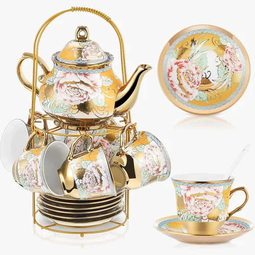 Vista 29 de Zhehao Juego de té de porcelana de 20 piezas con soporte de metal y cuchara para adultos, juego de té de cerámica para adultos, pintura de flores