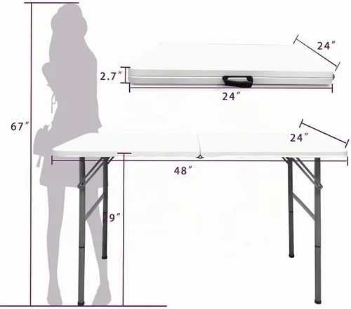 Vista 3 de Mesa plegable de 4 pies, mesas portátiles de plástico para comedor, fiestas, tarjetas, picnic, camping, granito, blanco