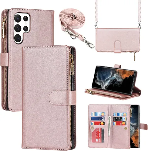 Vista 24 de Cavor Funda tipo cartera cruzada para Samsung Galaxy S22 Plus, color negro Funda de cuero con cierre magnético con cremallera y función atril TPU