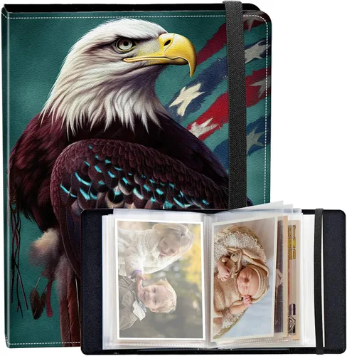 Vista 14 de Álbum de fotos de 3.5 x 5 pulgadas, cubierta de piel sintética de pequeña capacidad, mini álbum de fotos de águila americana de 3.5 x 5 con banda
