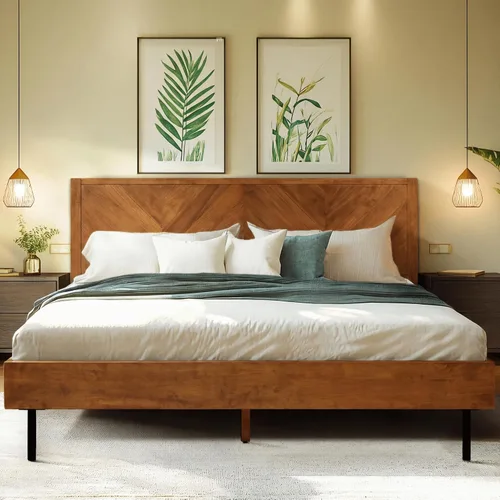 Vista 12 de Acacia Alander - Marco de cama de madera maciza con cabecera de cheurón Caramelo.