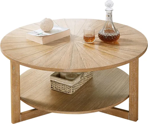 Vista 8 de Mesa de café redonda, mesa de café circular de madera de 35" con estante de almacenamiento, mesa central de 2 niveles para sala de estar
