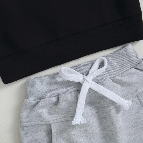 Vista 44 de Conjunto de 2 piezas de ropa para bebé y niño, sudadera con cuello redondo con letras y pantalones casuales de otoño e invierno B Negro-marrón
