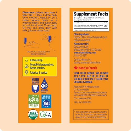 Vista 8 de Ddrops® Vitaminas líquidas orgánicas para bebés A&D gotas para bebés, 60 gotas. Apoya la salud ocular de los bebés, el desarrollo óseo y la función