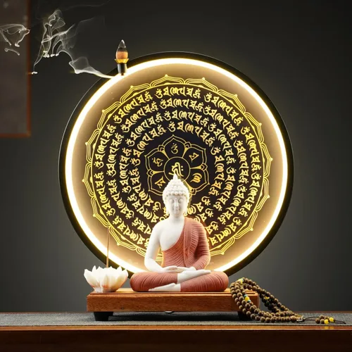 Vista 8 de Houlu Lámpara de mesa LED con estatua de Buda azul y círculo, estatua de Buda de cerámica para decoración del hogar