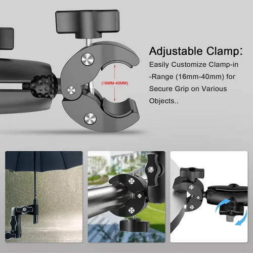 Vista 4 de Soporte de cámara de doble abrazadera: soporte universal para carritos de golf, abrazadera de paraguas, escritorio, cochecitos, vagones, estudio