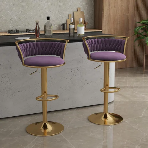 Vista 43 de Juego de 2 taburetes de bar giratorios de 360°, silla de bar de terciopelo ajustable a altura de mostrador moderna, taburete de metal plateado