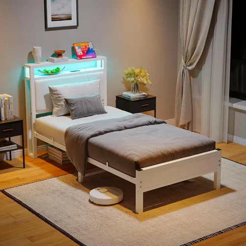 Vista 3 de Base de cama individual con estación de carga y luces LED, cabecera tapizada con estantes de almacenamiento, listones de metal resistentes,