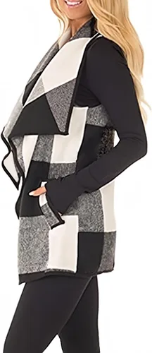 Vista 2 de Unidear Chaleco de Cuadros Buffalo para Mujer Casual con Solapa Frente Abierto sin Mangas Chaqueta Cardigan Abrigo con Bolsillos