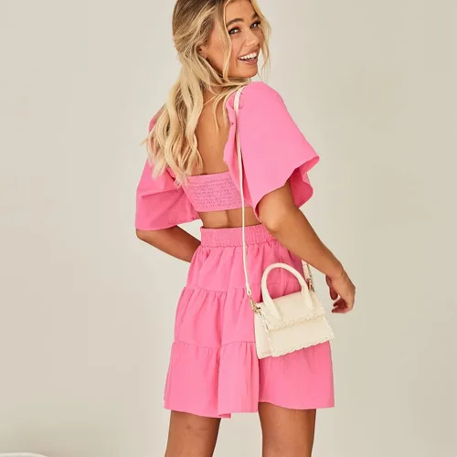 Vista 3 de Senllen Vestidos de verano para mujer 2025 de manga corta con cuello cuadrado, mini vestido cruzado con cintura elástica, vestido casual de fiesta
