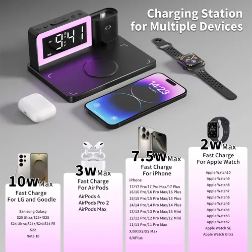 Vista 4 de Estación de carga rápida inalámbrica, reloj despertador 7 en 1 con soporte de cargador inalámbrico, base de carga para Apple, para múltiples