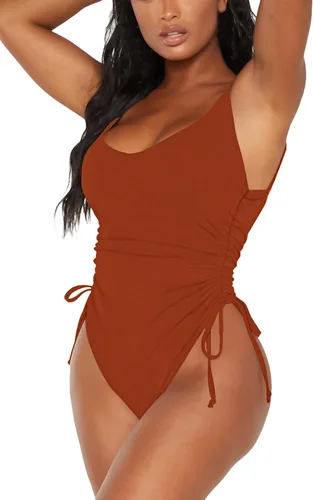 Vista 3 de Viottiset - Traje de baño de una pieza para mujer, de corte alto fruncido, con control de abdomen