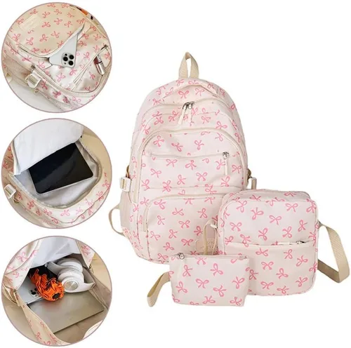 Vista 4 de Juego de 3 bolsas de mochila con lazo, lindo juego de mochila kawaii estética mochila con lazo con organizador integrado, Rosado, Tamaño único