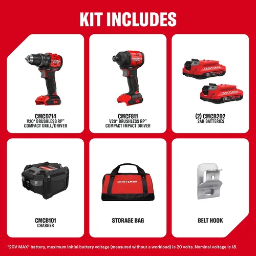 Vista 2 de CRAFTSMAN V20 Brushless RP Drill Driver and Impact Driver Compact 2 Tool Combo Kit With 2 x 2ah Battery and Charger, 1900 RPM Power Drill, 2100