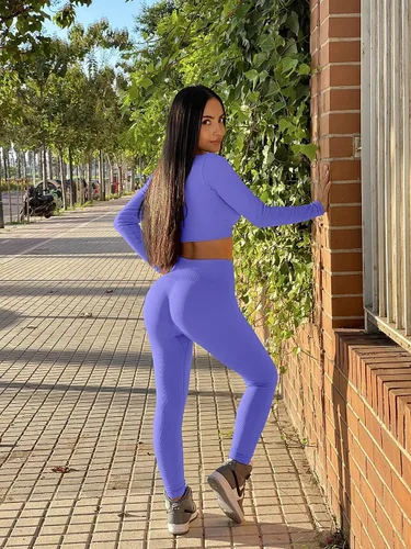 Vista 5 de Stylishine Conjunto de 2 piezas de entrenamiento para mujer, trajes acanalados de manga larga, tops cortos de cintura alta, leggings para yoga